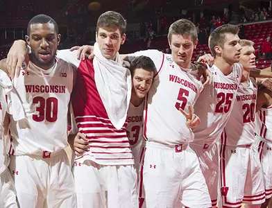 Men's basketball vs. UW-Platteville 2016 Vitto Brown Ethan Happ Zak Showalter Aaron Moesch team singing Varsity