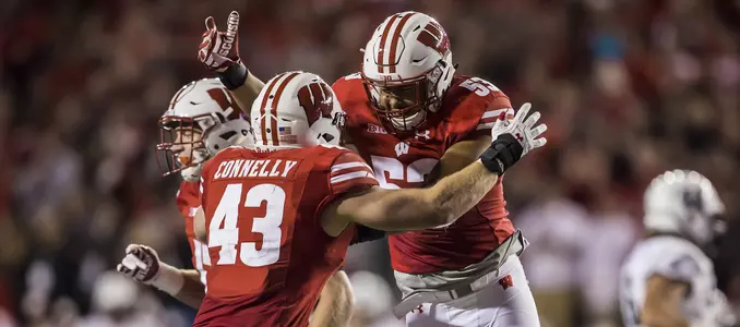 Photo of T.J. Edwards, Ryan Connelly celebrating during football game vs. Utah State 2017