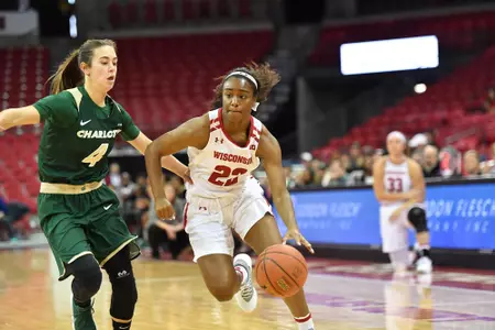 Niya Beverley drives to the lane against Charlotte at the Kohl Center.