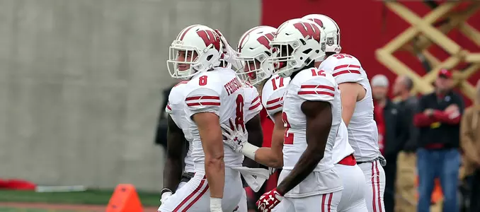 Photo of Joe Ferguson celebrates with teammates football vs. Indiana 2017