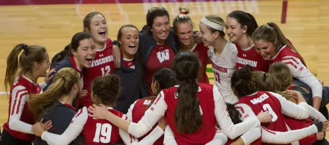 Volleyball team celebration vs. ISU