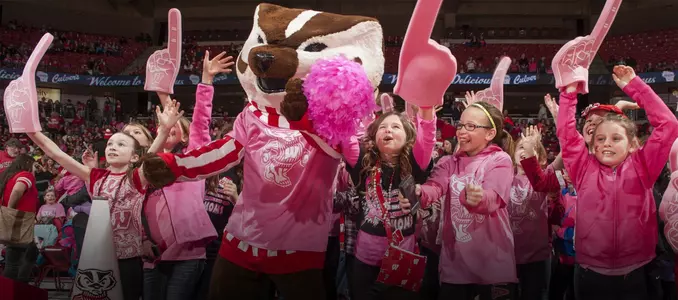 Bucky Badger and fans during 2016 pink game