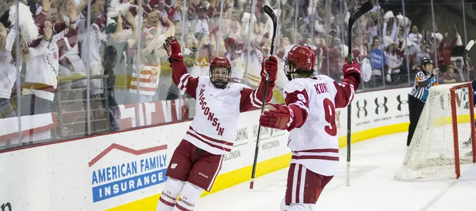 Men's hockey vs. Michigan 2017 Trent Frederic Luke Kunin celebrate goal