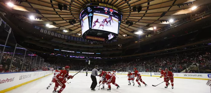 Men's hockey vs. Ohio State 2017 faceoff Madison Square Garden Cameron Hughes Peter Tischke Jake Linhart Matthew Freytag