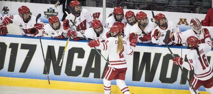Women's hockey vs. Boston College NCAA semifinal 2017 Melissa Channell highfiving teammates after goal