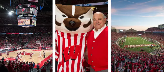 Barry Alvarez and Bucky Badger, Kohl Center, Camp Randall Stadium