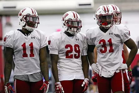 Football spring practice 2017 Lubern Figaro (31), Dontye Carriere-Williams (29) and Nick Nelson (11)