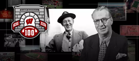 Photo collage of Roundy Coughlin with Camp Randall 100 logo