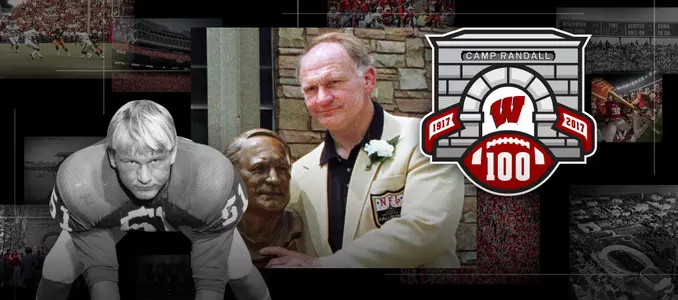 Photo collage of images of Mike Webster and Camp Randall 100 logo