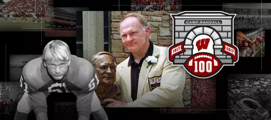 Photo collage of images of Mike Webster and Camp Randall 100 logo