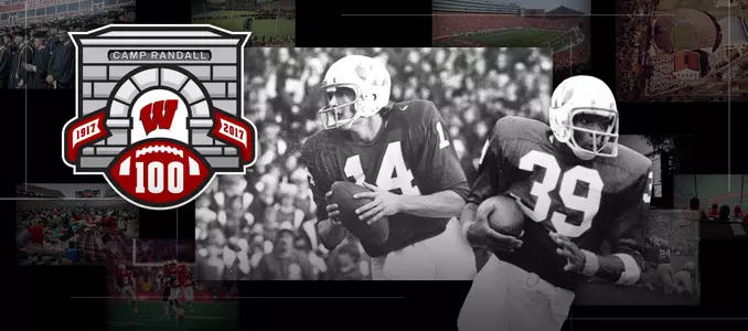 Photo collage of Wisconsin football players Gregg Bohlig and Jeff Mack with Camp Randall 100 logo