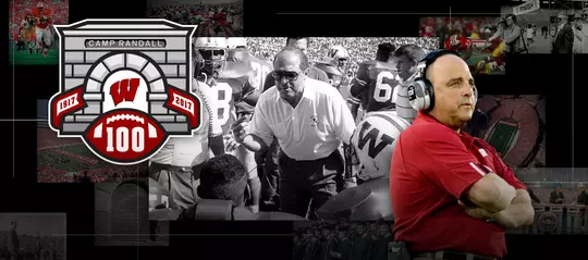 Photo collage of images of Wisconsin athletic director and former football coach Barry Alvarez and the Camp Randall 100 logo
