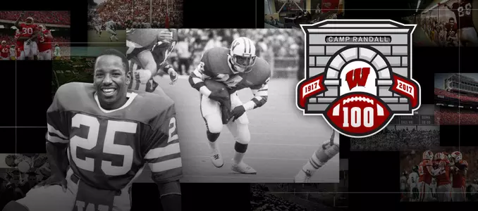 Photo collage of images of Wisconsin football running back Marck Harrison and the Camp Randall 100 logo