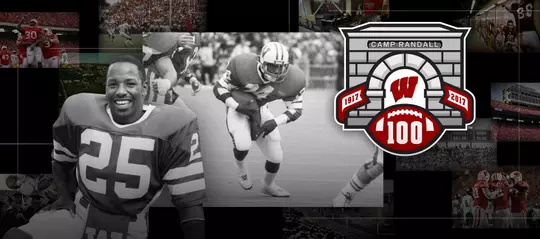 Photo collage of images of Wisconsin football running back Marck Harrison and the Camp Randall 100 logo