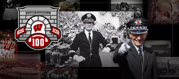 Photo collage of Wisconsin Badger director Mike Leckrone with the Camp Randall 100 logo