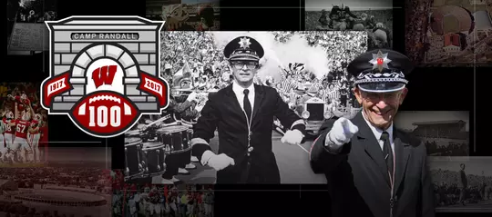 Photo collage of Wisconsin Badger director Mike Leckrone with the Camp Randall 100 logo