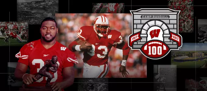 Photo collage of Wisconsin football running back Ron Dayne and the Camp Randall 100 logo
