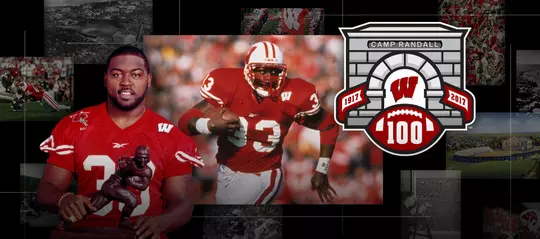 Photo collage of Wisconsin football running back Ron Dayne and the Camp Randall 100 logo