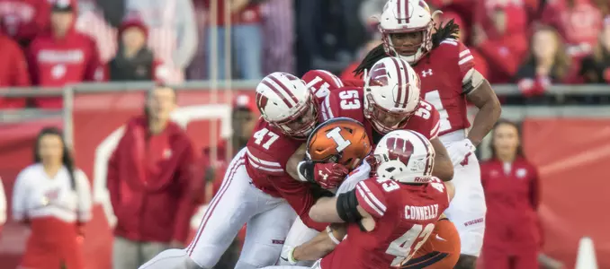 Photo of Wisconsin Football 2016 vs. Illinois - Illini player being tackled by Ryan Connelly and T.J. Edwards
