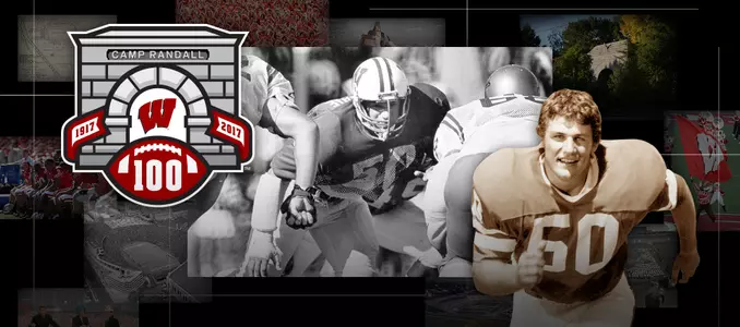 Photo collage of images of Wisconsin football player Tim Krumrie and the Camp Randall 100 logo