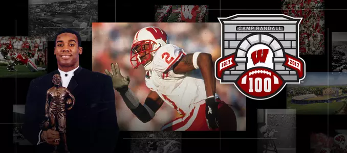 Photo collage of images of Wisconsin football player Jamar Fletcher with the Camp Randall 100 logo