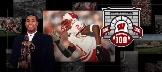 Photo collage of images of Wisconsin football player Jamar Fletcher with the Camp Randall 100 logo