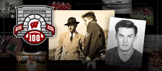Photo collage of images of Wisconsin football player Allen Shafer with the Camp Randall 100 logo. Lost in 1944, Shafer is the only UW player to ever die from an injury sustained during a football game.