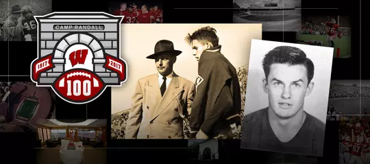 Photo collage of images of Wisconsin football player Allen Shafer with the Camp Randall 100 logo. Lost in 1944, Shafer is the only UW player to ever die from an injury sustained during a football game.
