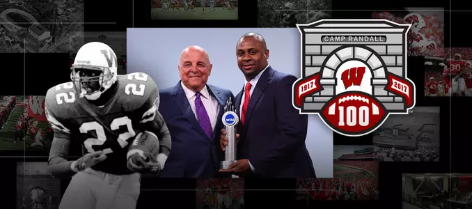 Photo collage of images of Wisconsin football player Troy Vincent with the Camp Randall 100 logo.