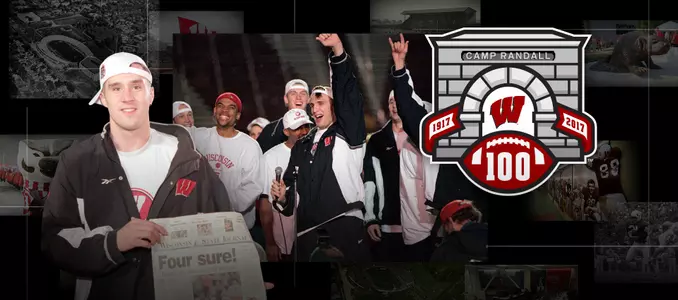 Photo collage of images from the 2000 Wisconsin men's basketball team Final Four celebration at Camp Randall Stadium with Camp Randall 100 logo