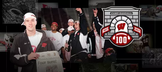 Photo collage of images from the 2000 Wisconsin men's basketball team Final Four celebration at Camp Randall Stadium with Camp Randall 100 logo