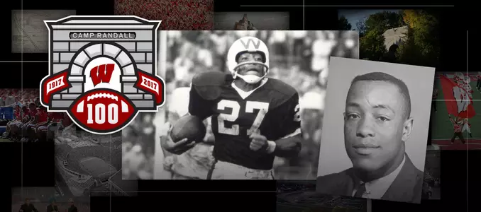 Photo collage of images of Wisconsin football player Lou Holland and Camp Randall 100 logo