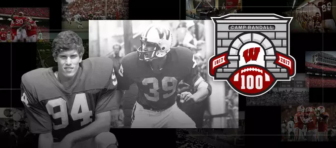 Photo collage of images of Wisconsin football player Matt Vanden Boom with Camp Randall 100 logo