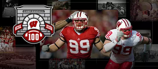 Photo collage of images of Wisconsin football player J.J. Watt with Camp Randall 100 logo