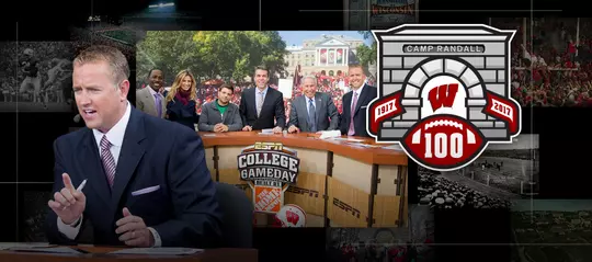 Photo collage of images of ESPN College GameDay broadcaster and former Ohio State football player Kirk Herbstreit with the Camp Randall 100 logo