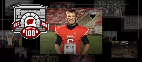 Photo collage with former Kimberly football player Blair Mulholland and the Camp Randall 100 logo