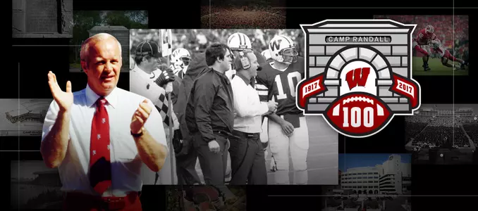 Photo collage of images of former Wisconsin football head coach Dave McClain with Camp Randall 100 logo
