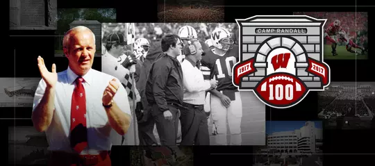 Photo collage of images of former Wisconsin football head coach Dave McClain with Camp Randall 100 logo