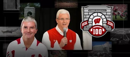 Photo collage of images of Wisconsin radio broadcaster Matt Lepay with the Camp Randall 100 logo