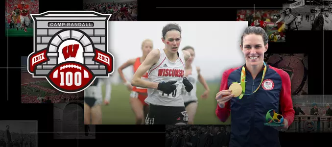 Photo collage of images of former Wisconsin runner and swimmer and Olympic gold medalist Gwen Jorgensen with Camp Randall 100 logo