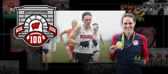 Photo collage of images of former Wisconsin runner and swimmer and Olympic gold medalist Gwen Jorgensen with Camp Randall 100 logo