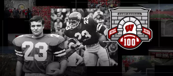 Photo collage of images of Wisconsin football player Randy Marks and the Camp Randall 100 logo