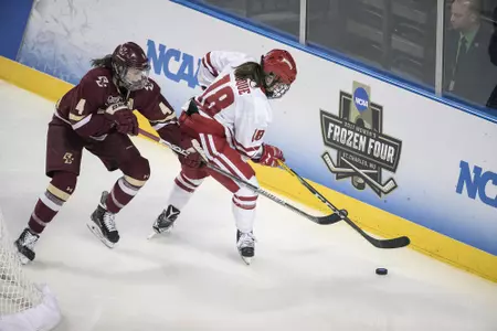 Abby Roque defends the puck vs. BC