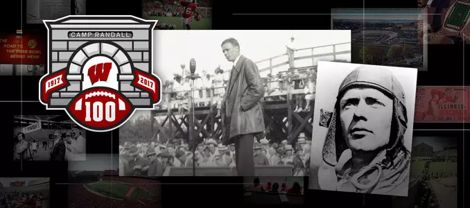 Photo college of former UW-Madison student and aviator Charles Lindbergh with Camp Randall logo