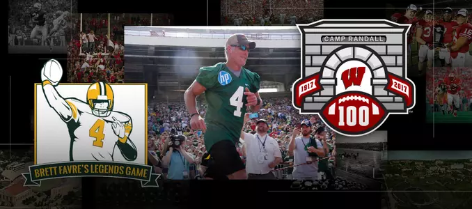 Photo collage of images of former NFL and Green Bay Packer quarterback Brett Favre at the 2015 NFL Legends game at Camp Randall Stadium. Collage also includes Legends game logo and Camp Randall 100 logo.