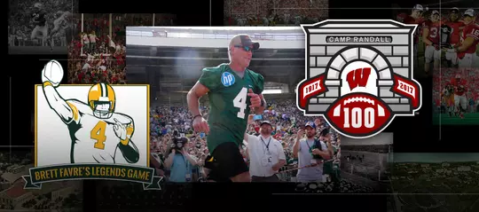 Photo collage of images of former NFL and Green Bay Packer quarterback Brett Favre at the 2015 NFL Legends game at Camp Randall Stadium. Collage also includes Legends game logo and Camp Randall 100 logo.