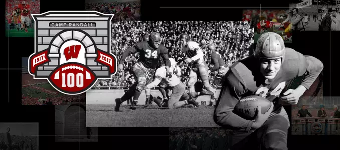 Photo collage of images of Wisconsin football player Pat Harder with the Camp Randall 100 logo