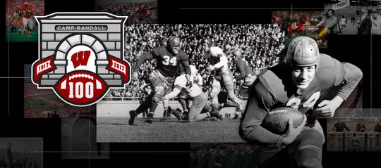 Photo collage of images of Wisconsin football player Pat Harder with the Camp Randall 100 logo