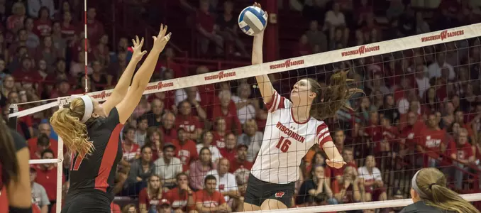 Dana Rettke goes up for kill at the net against Louisville in the Big Ten/ACC Challenge