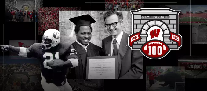 Photo collage of images of Wisconsin football player Rufus Ferguson with the Camp Randall 100 logo